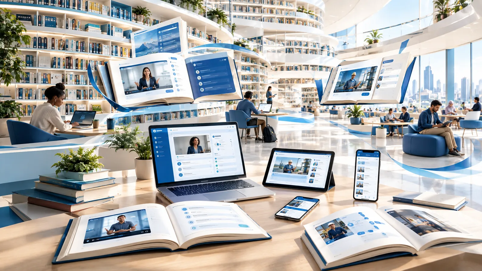 Bibliothèque moderne où des ordinateurs portables, tablettes et téléphones diffusent des vidéos de formation, autour de livres en suspension soulignés de rubans bleus
